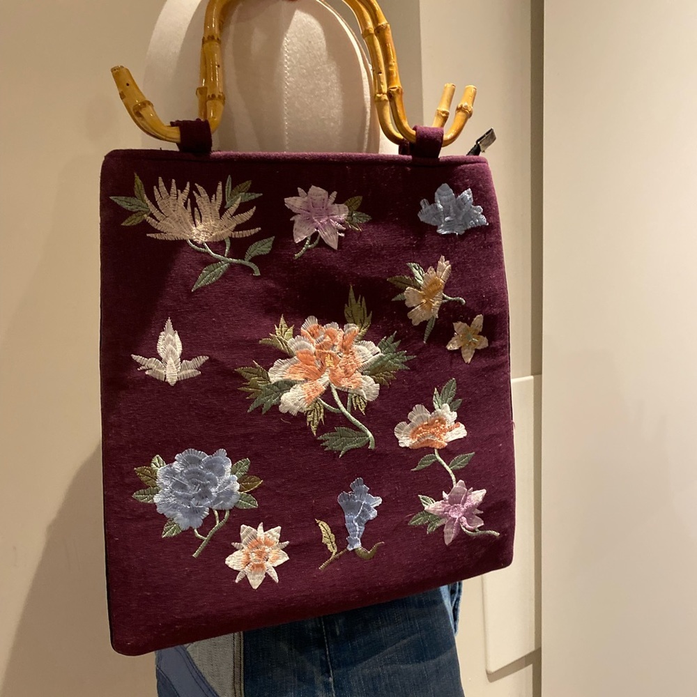 Embroidered Floral Tote with Bamboo Handles - Plum